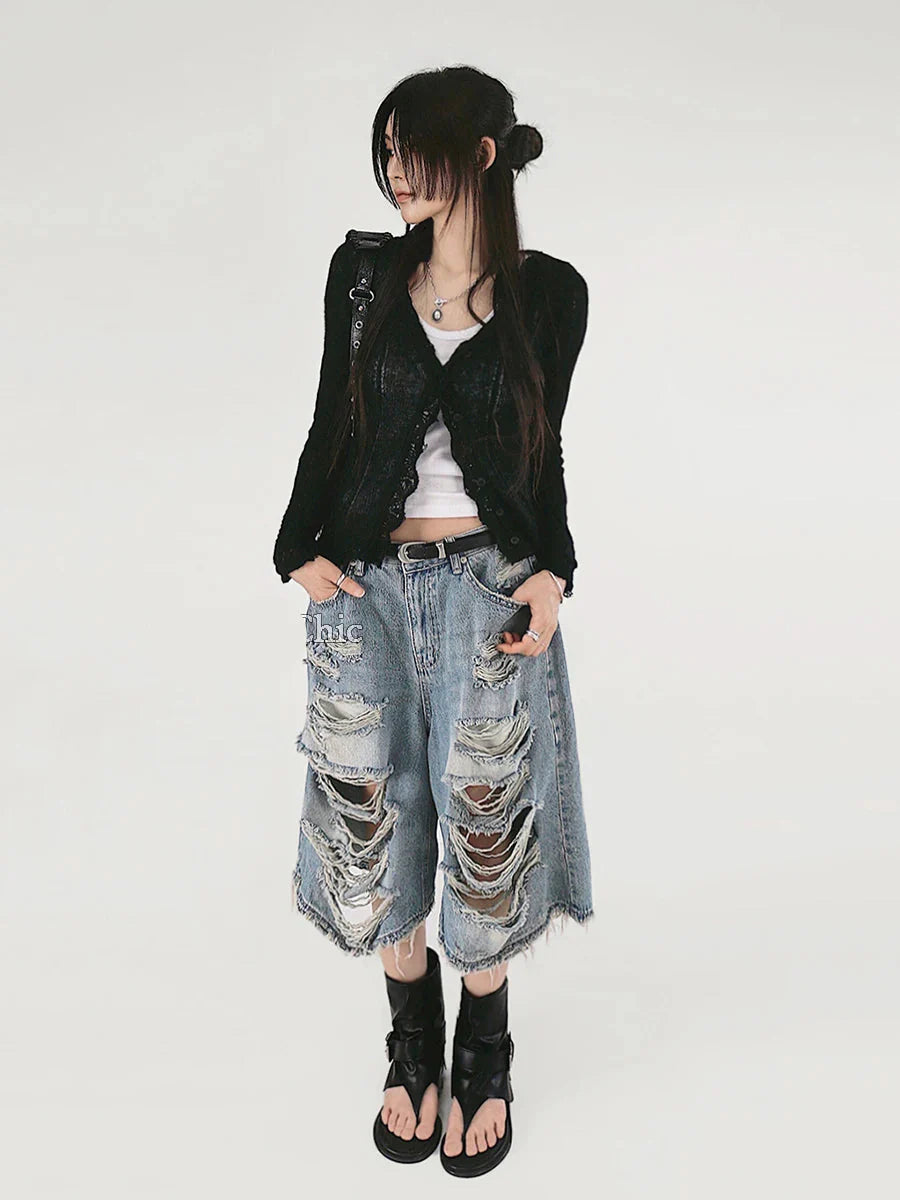 Short en jean bleu vintage style hip-hop