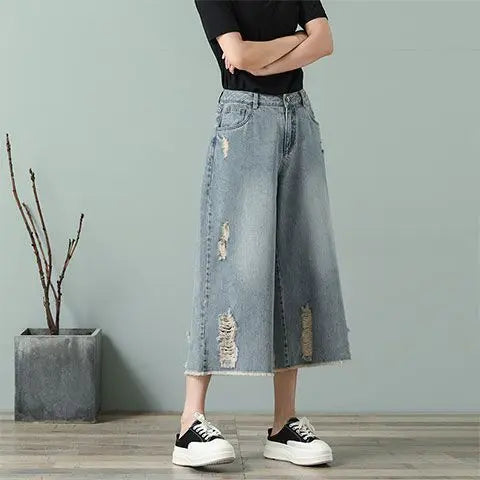 High Waist Ripped Wide Leg Jorts
