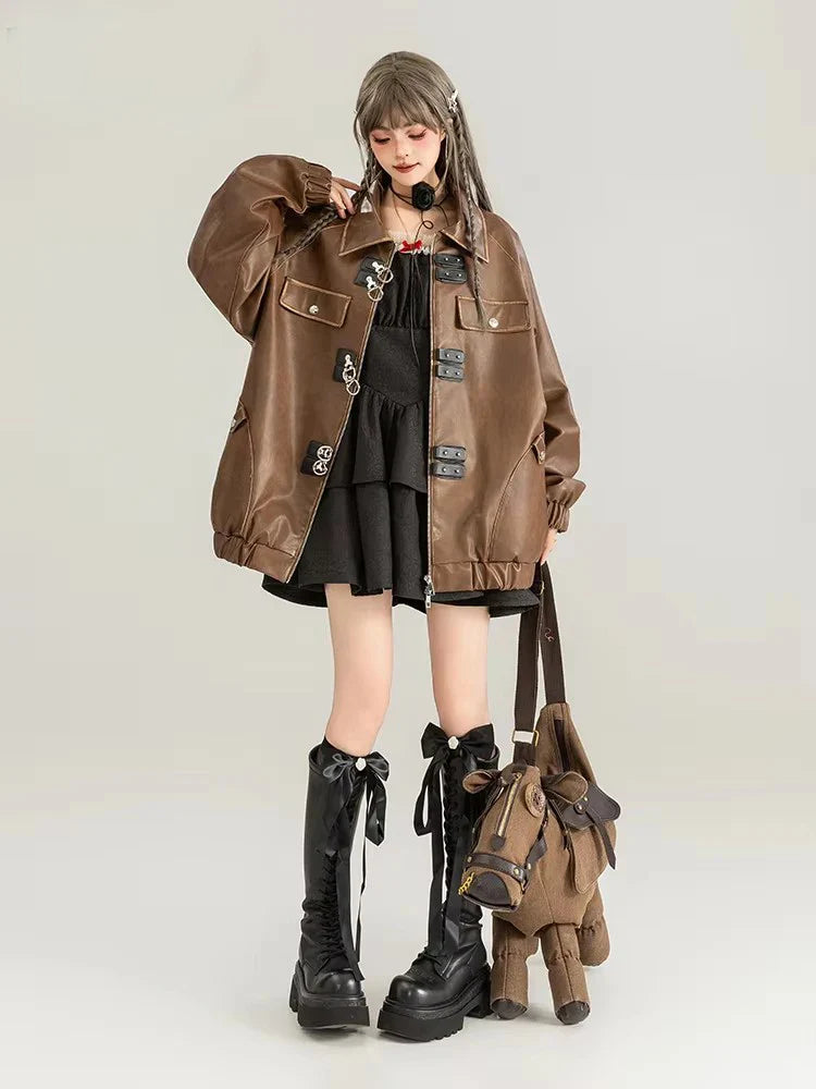 Veste classique en similicuir marron vieilli