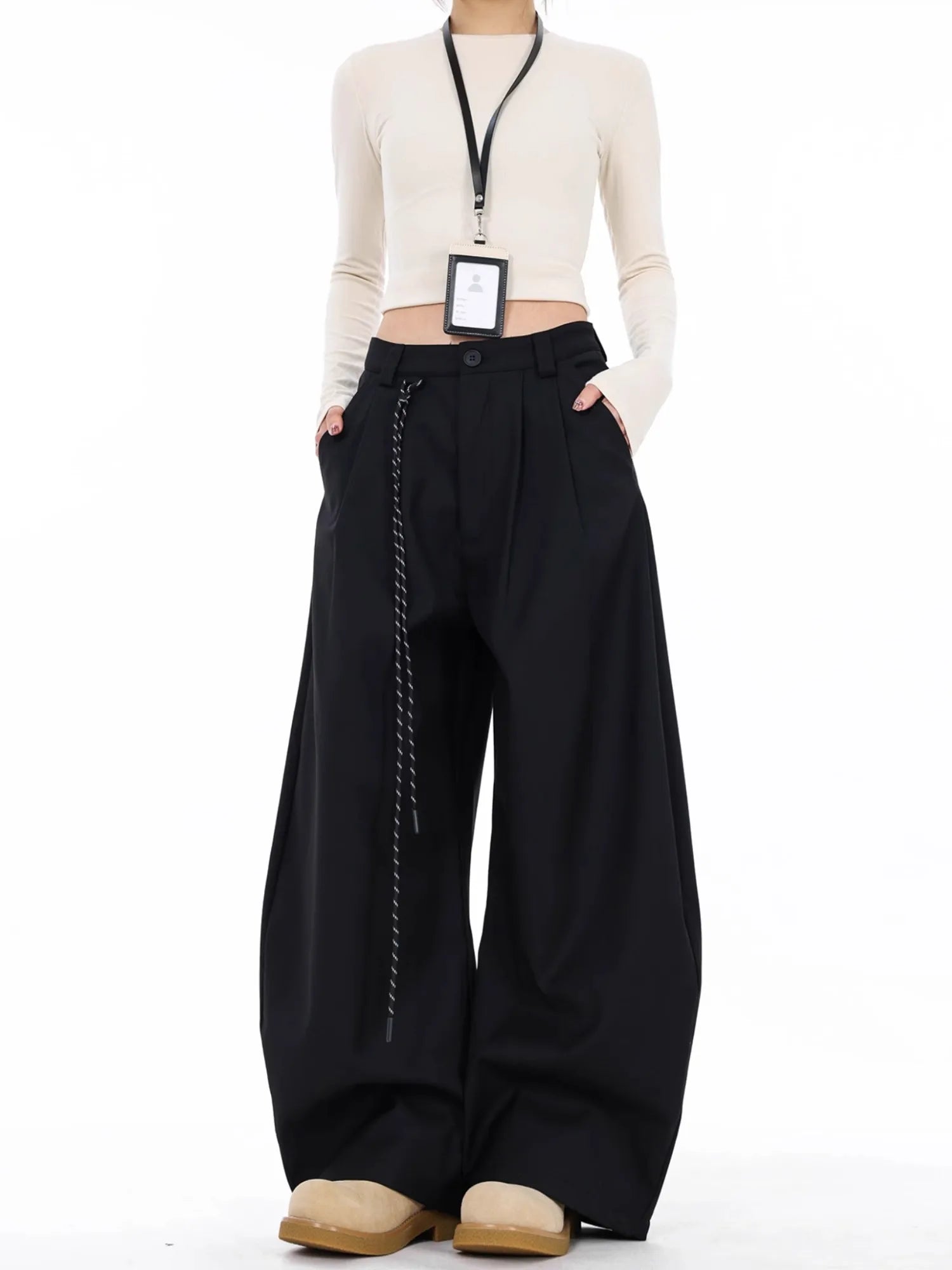 Pantalon de costume noir taille haute droit