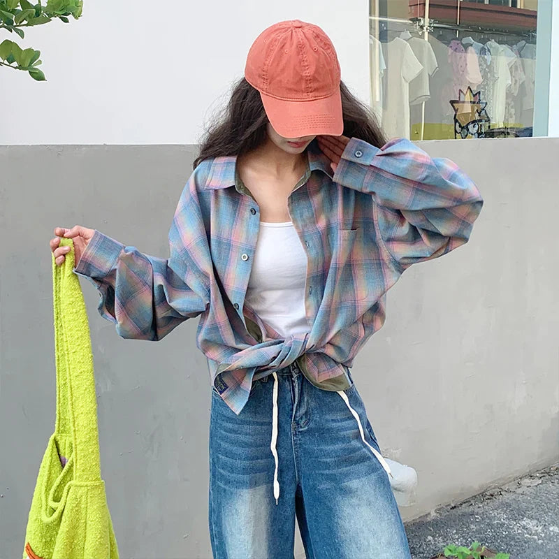 Chemise vintage à carreaux cool oversize à manches longues