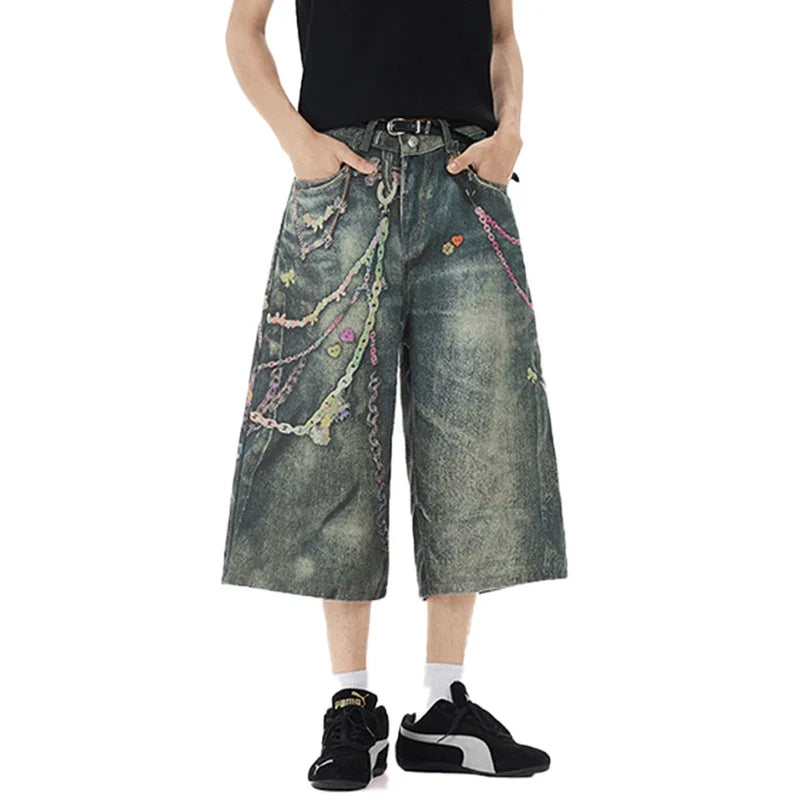 Individuell 3D-gedruckte Jeansshorts mit Kettenmuster