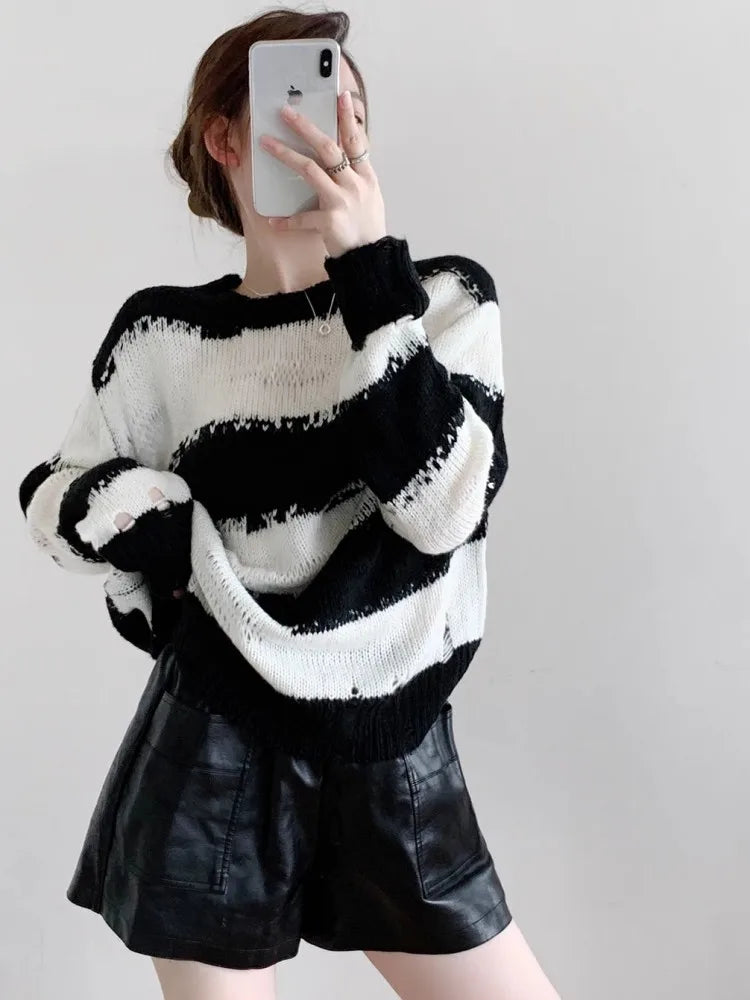 Bequemer, kuscheliger gestreifter Mohairpullover für Damen