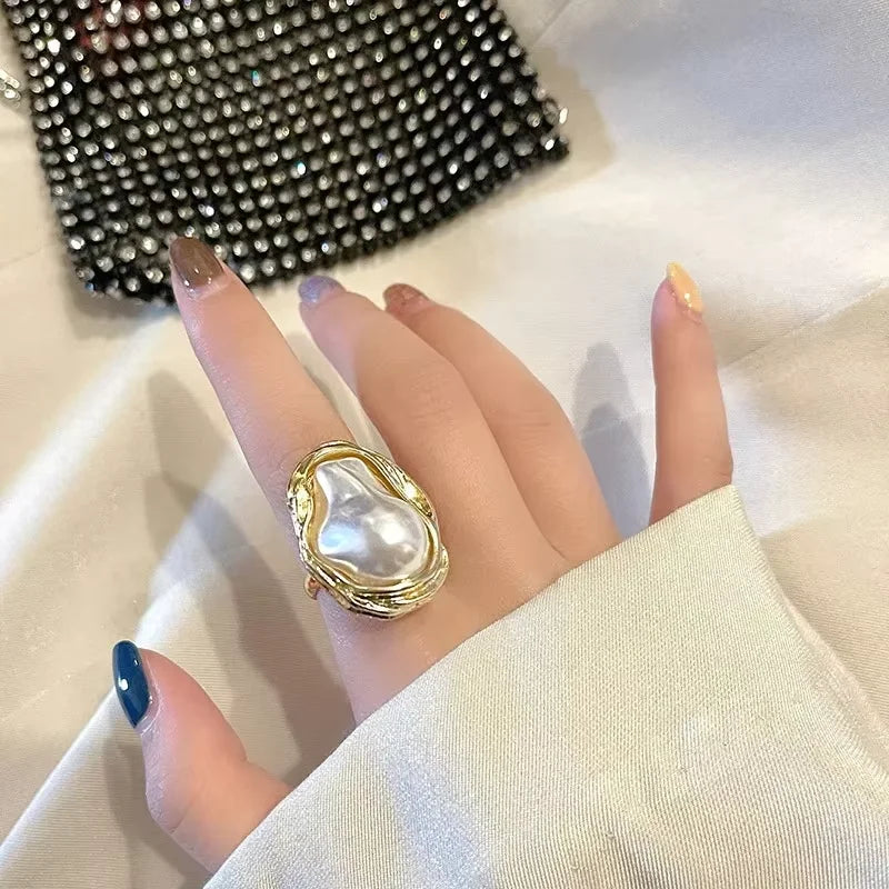 Geometric Imitation Pearl Gold Plated Ring