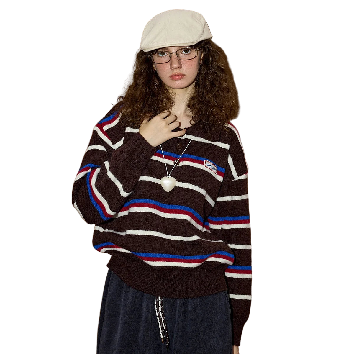 Retro-Polo-Pullover für Damen im Oversize-Schnitt mit Farbblockmuster