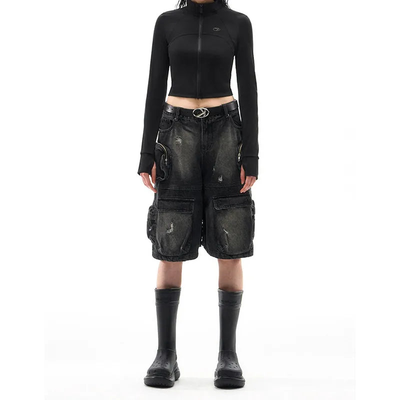 Streetwear Casual High Waist Schwarze Vintage Denim Jorts