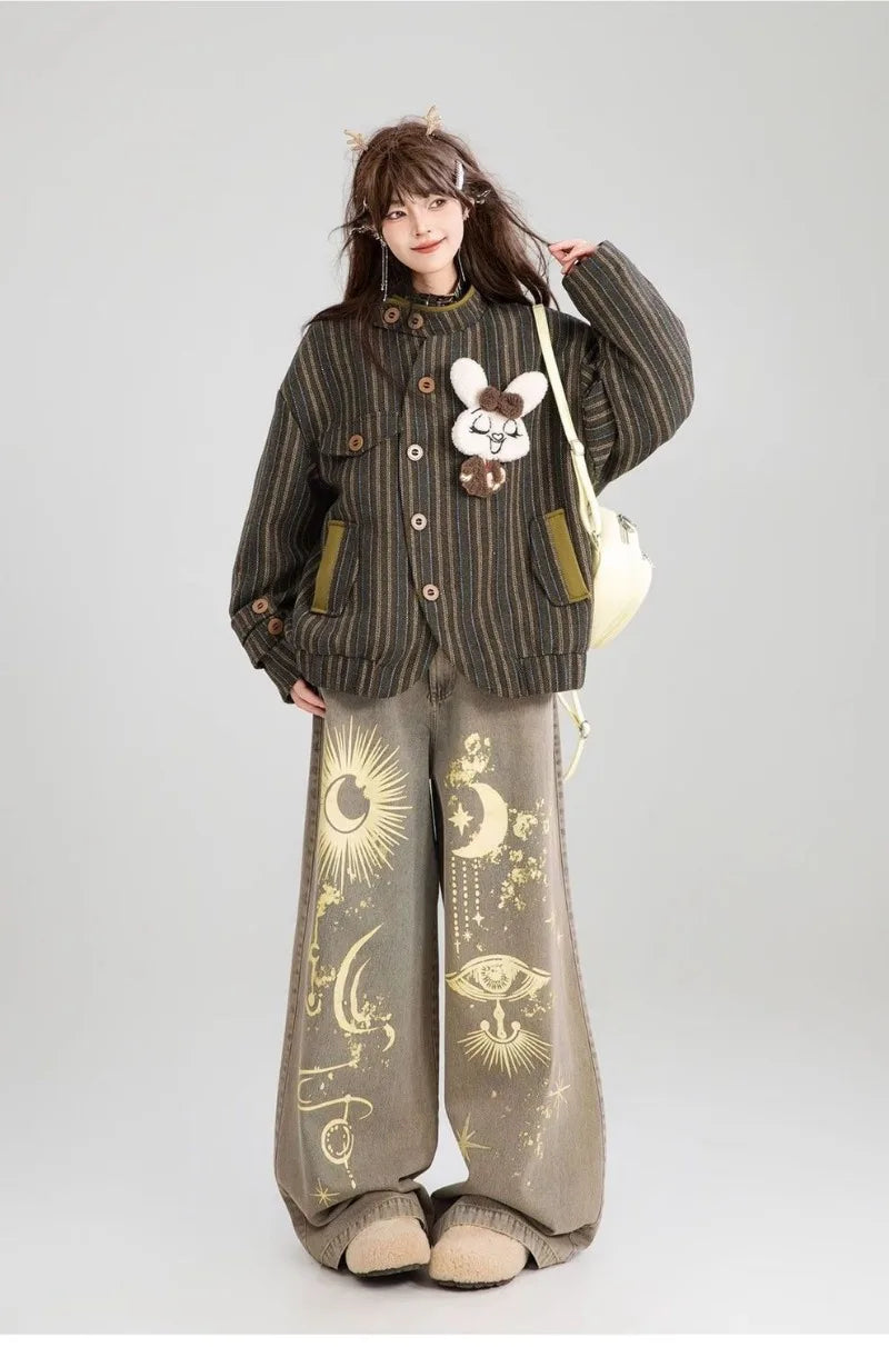 Lässige Vintage-Jeans mit Graffiti-Print und weitem Bein