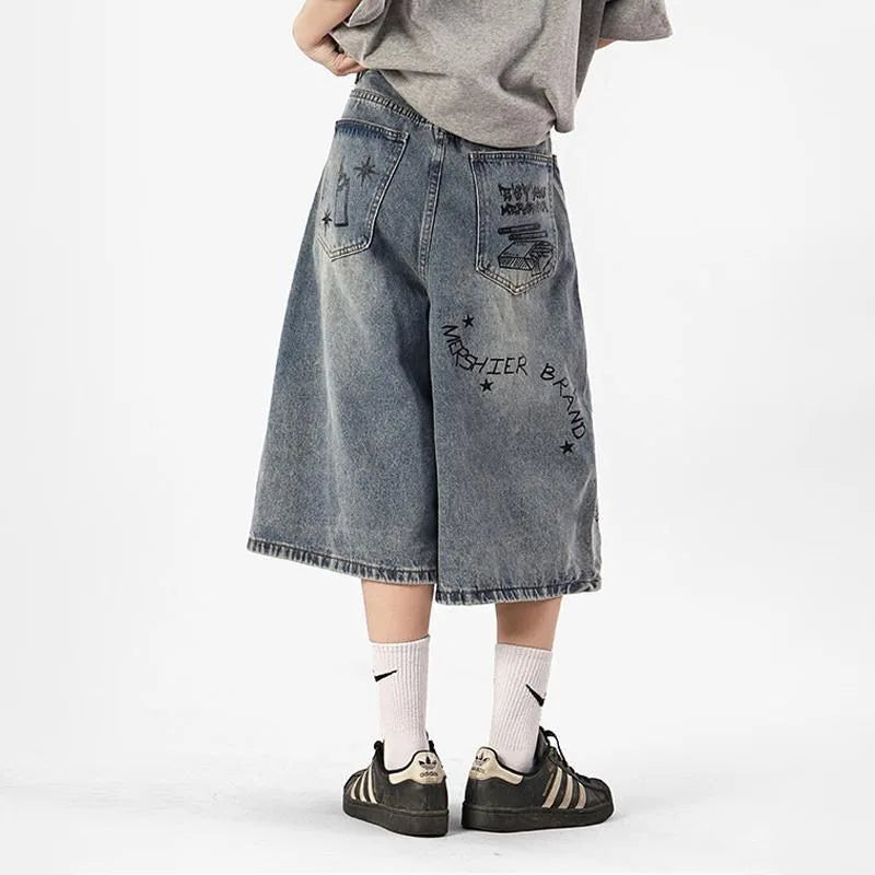 Coole Streetwear-Jeans mit Graffiti-Print, locker geschnitten, weites Bein