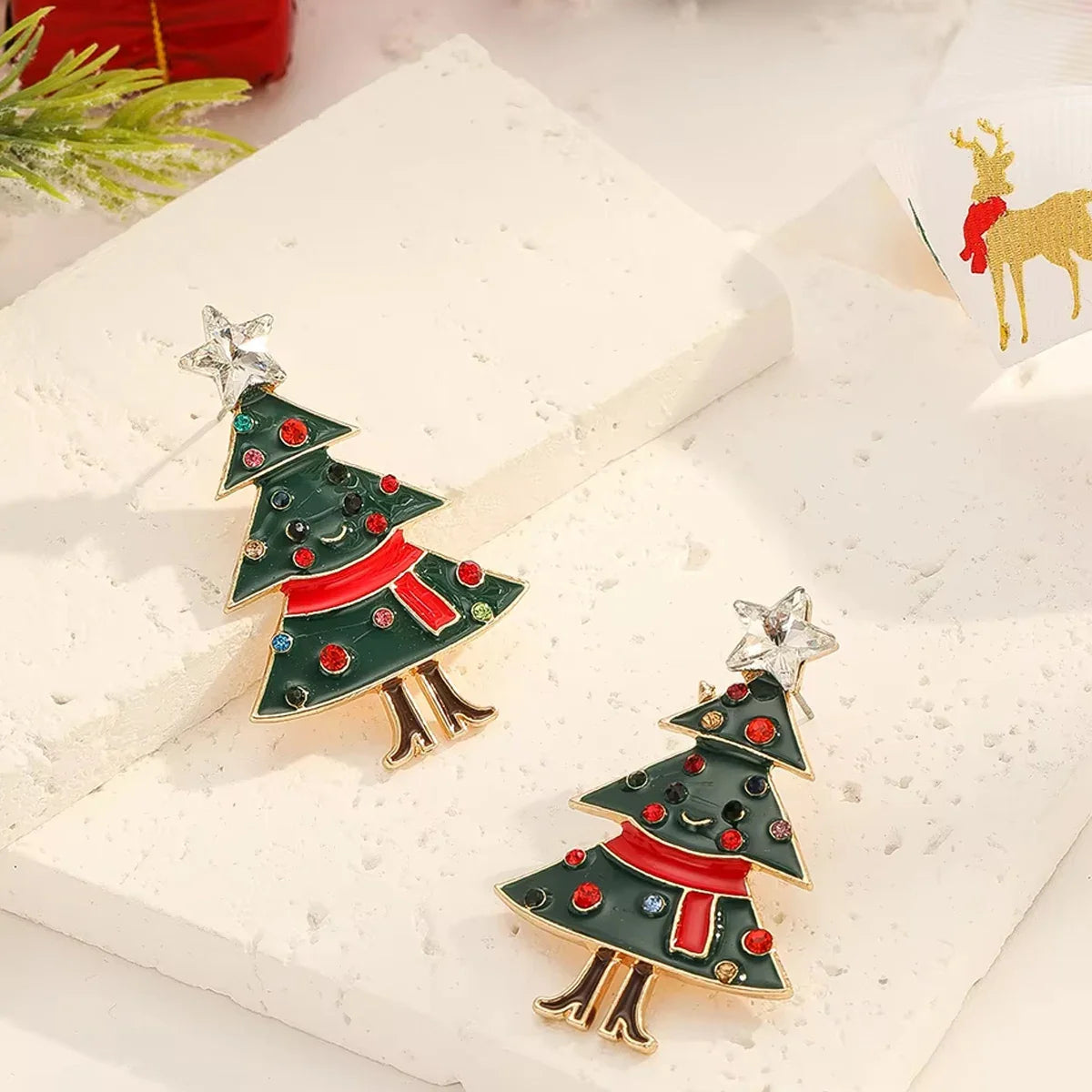 Grüne und rote Kristall-Weihnachtsbaum-Ohrringe