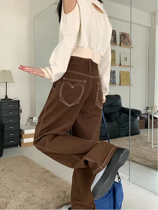 Jean droit taille haute marron à cœur