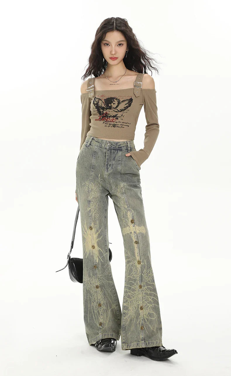 Vintage-Jeans mit hohem Bund und weitem Bein im Streetwear-Stil für Damen