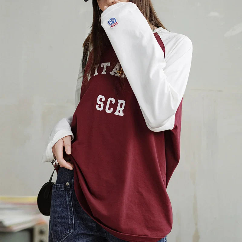 Burgundy Contrast Long Sleeve T-Shirt
