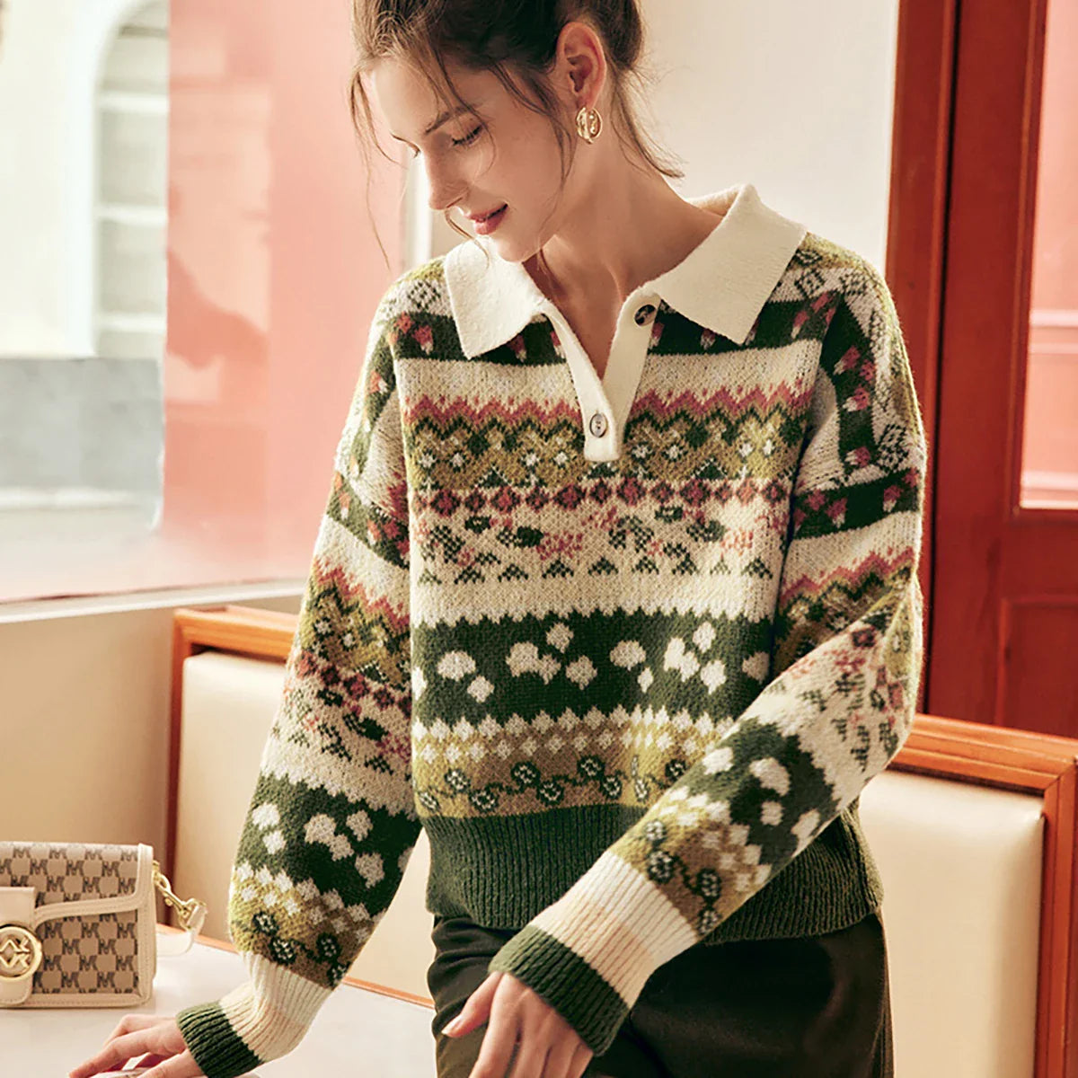 Damen Vintage Olivgrüner Strickpullover