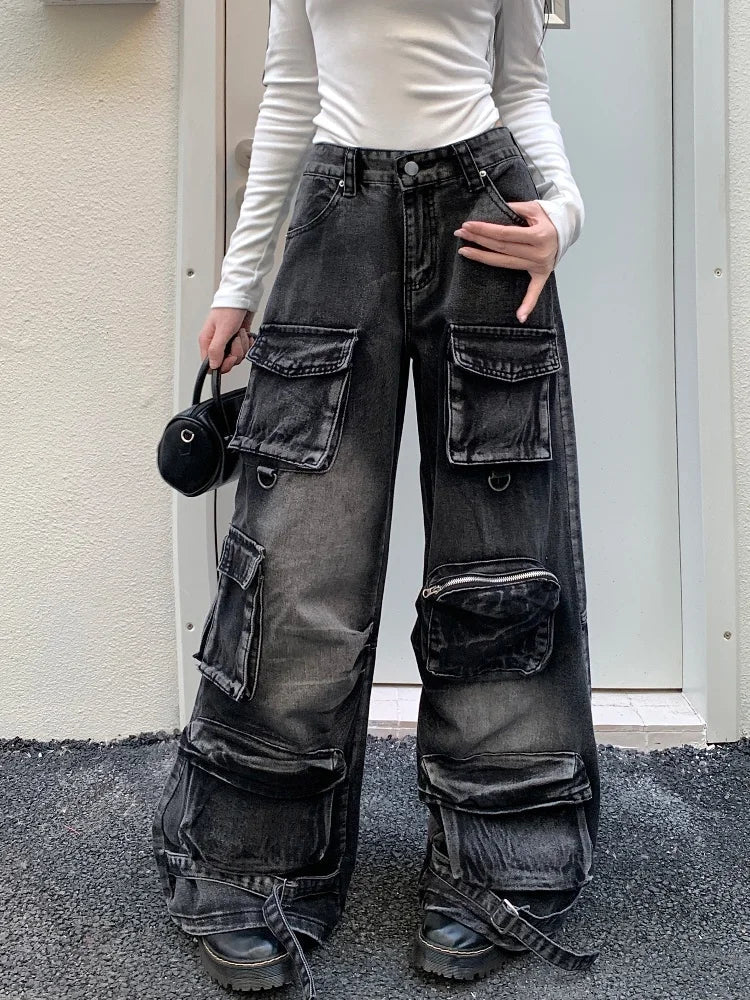 Jean cargo baggy noir délavé style streetwear