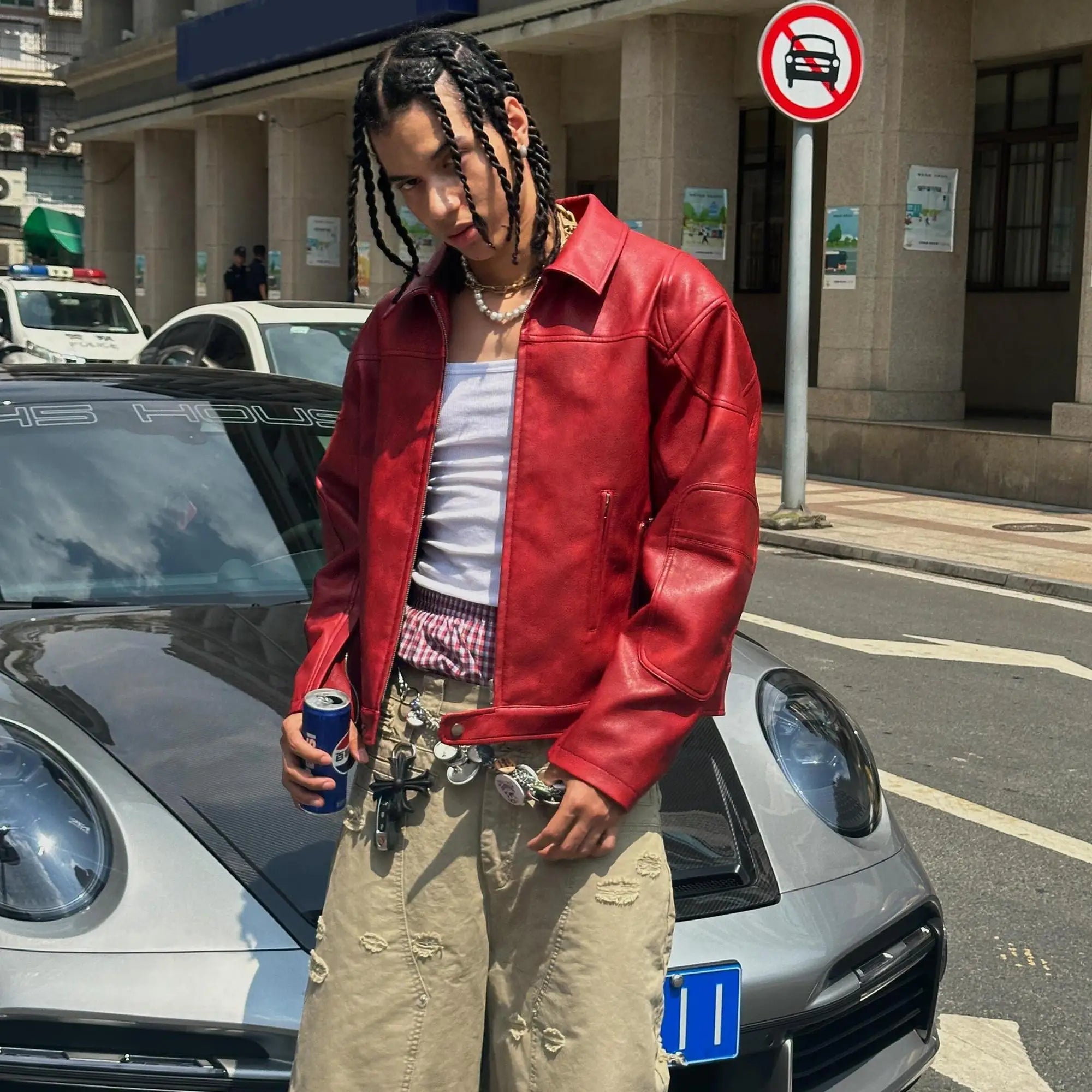 Hochwertige rote Lederjacke im koreanischen Hip-Hop-Stil