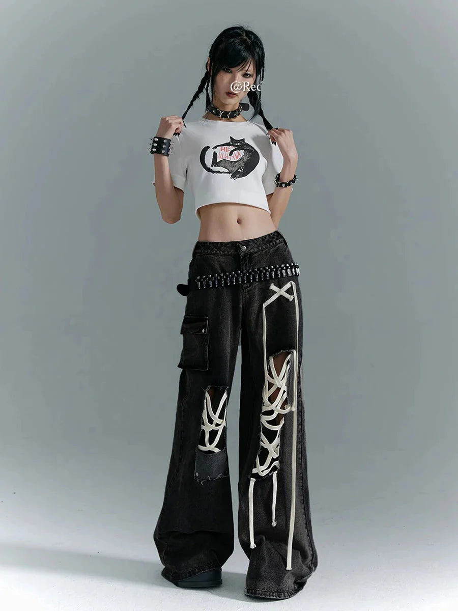 Leichte schwarze Vintage-Jeans mit hohem Bund und Baggy-Griff