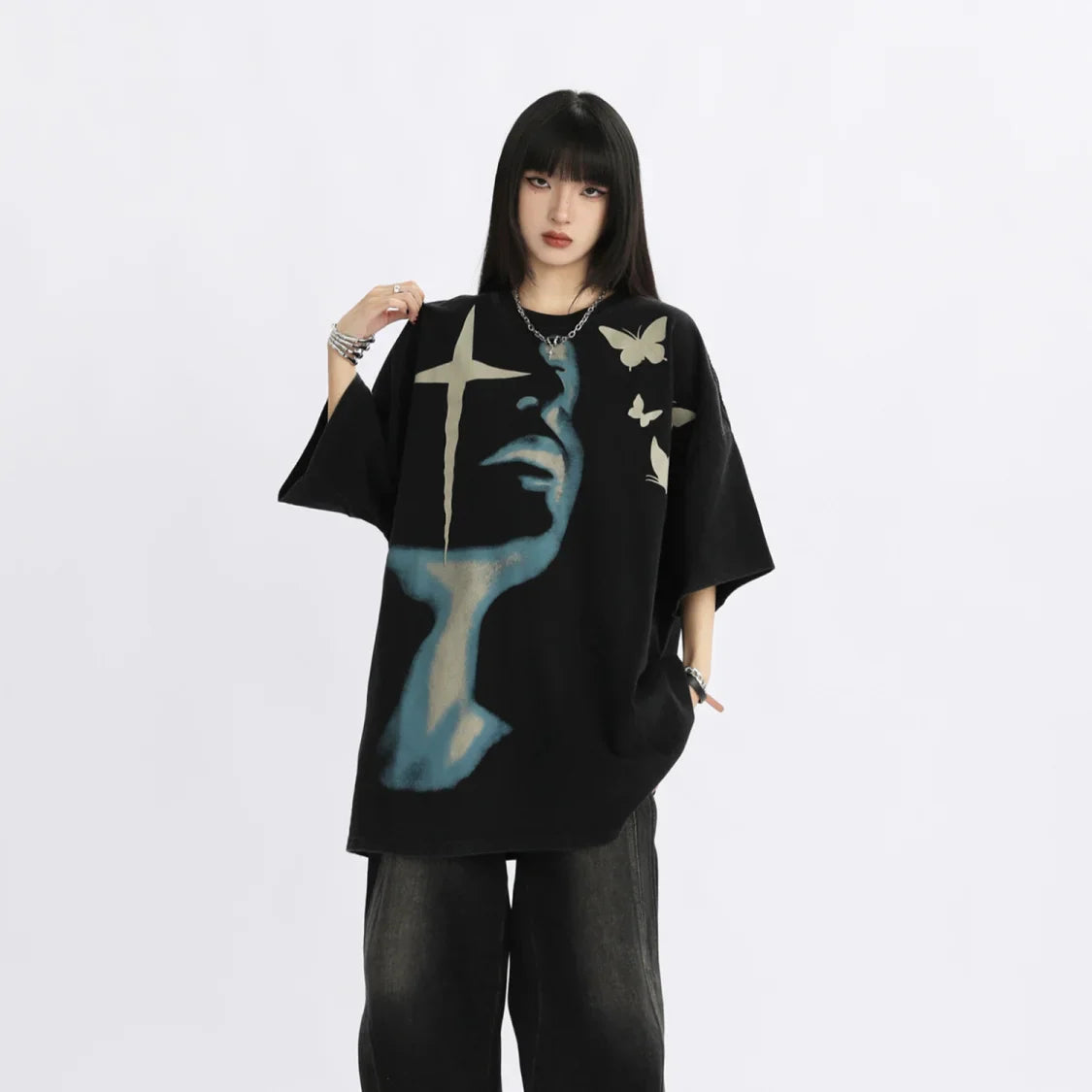 Damen-T-Shirt im Retro-Stil mit amerikanischem Oversize-Print und Porträtmotiv