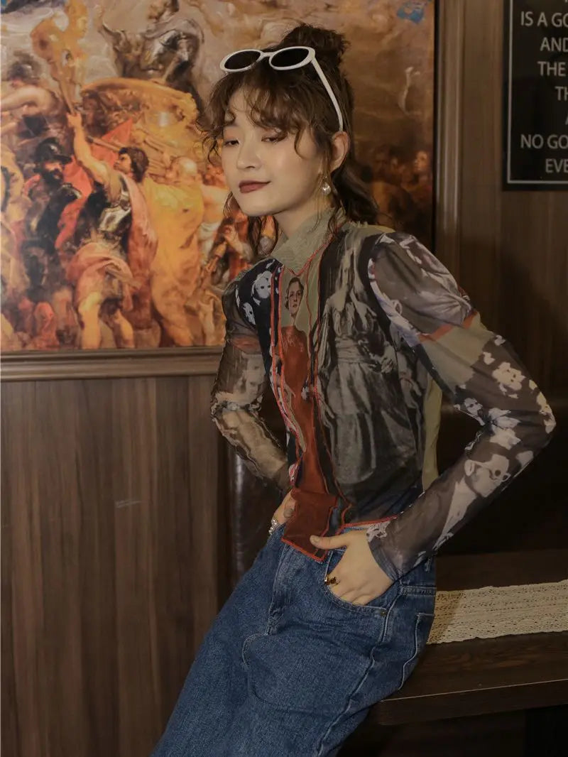 Y2K Vintage Mesh Patchwork Top