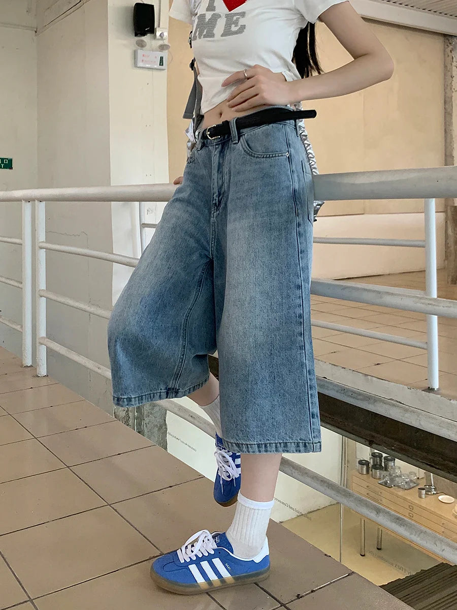 Short en jean ample en denim bleu délavé, polyvalent