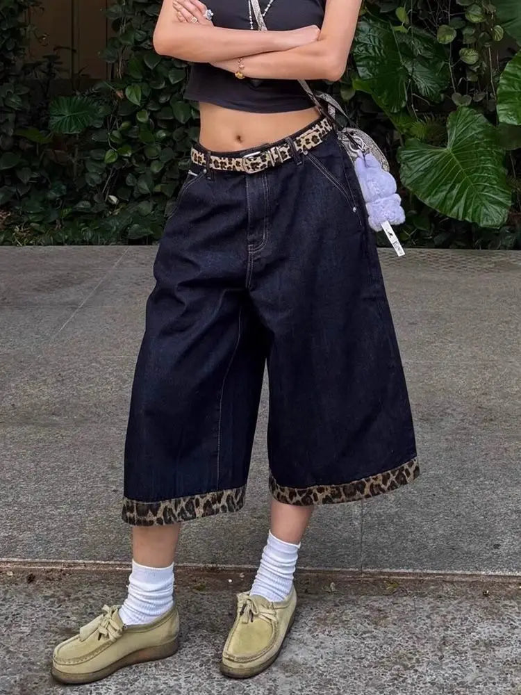 Leopardenmuster-Patchwork-Retro-Cropped-Jorts