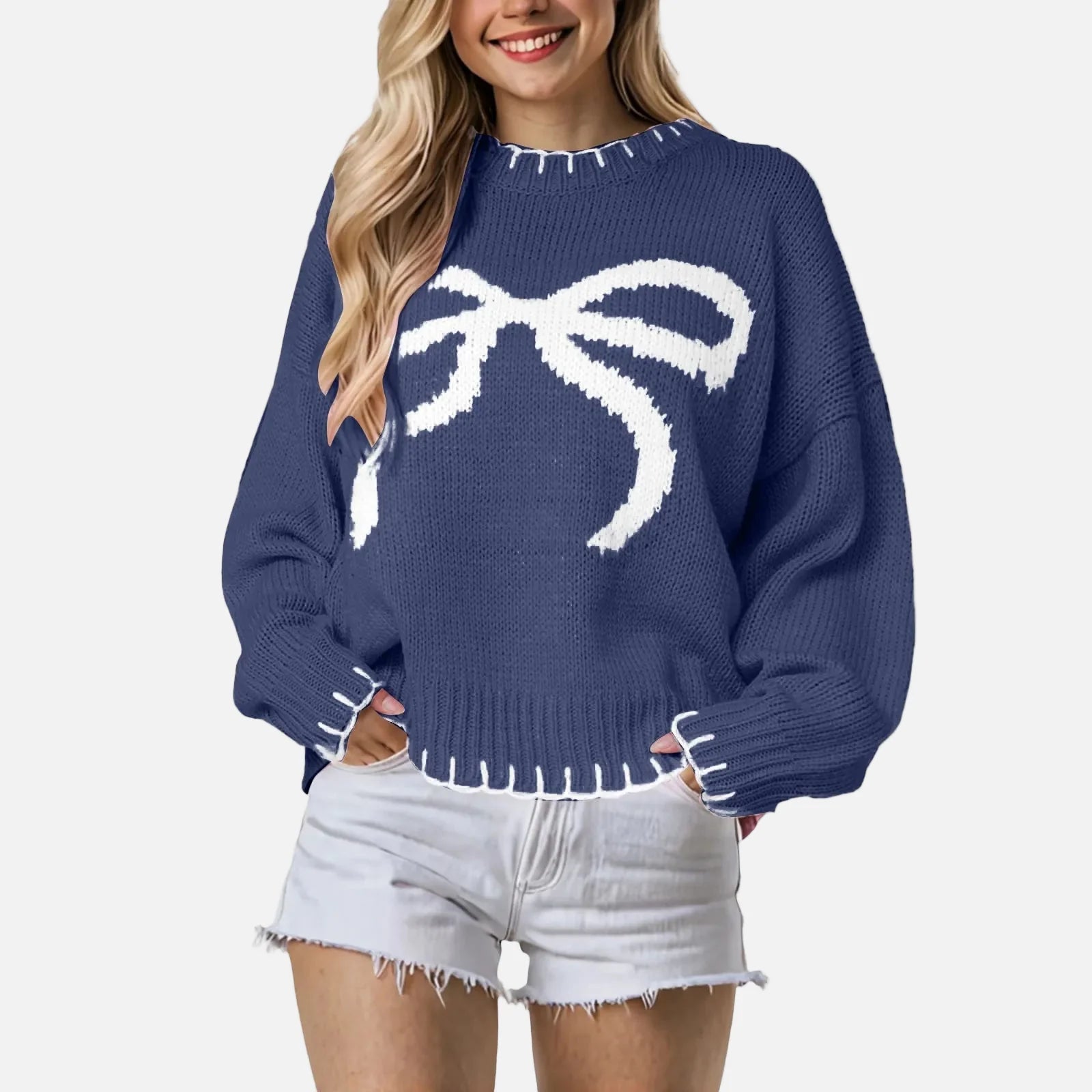 Damen Hip-Hop Kuschelpullover mit Jacquardmuster und Schleife