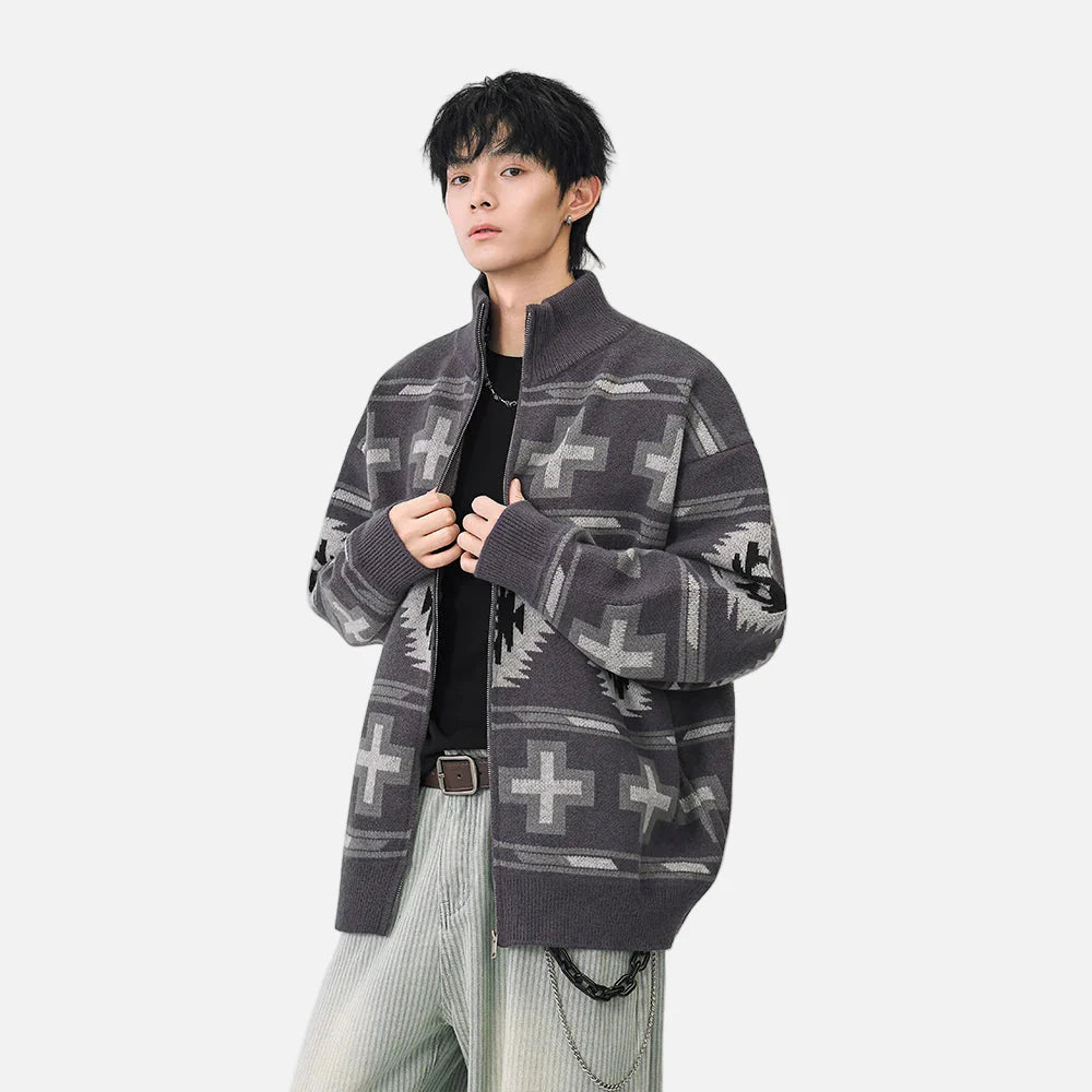 Geometric Pattern Casual Full Zip Cardigan