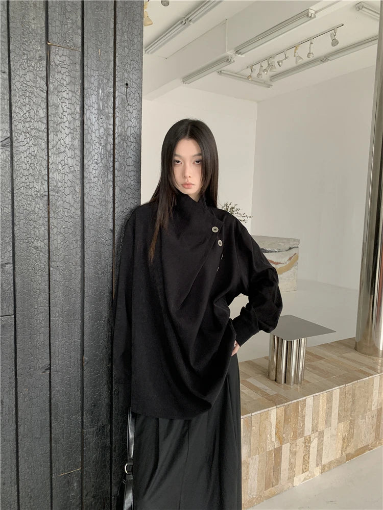 Irregular Black Oversized Designer Shirt For Women Long Sleeve Top High Fashion Trending Clothing