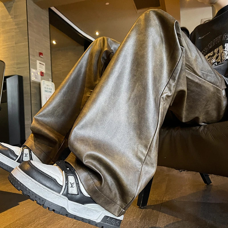 Lässige Motorradhose aus PU-Leder mit weitem Bein