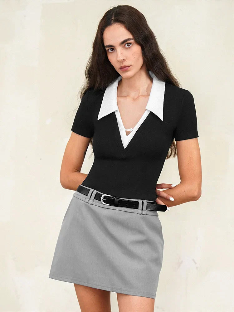 Elegantes, stylisches Damen-T-Shirt mit V-Ausschnitt und Spitze