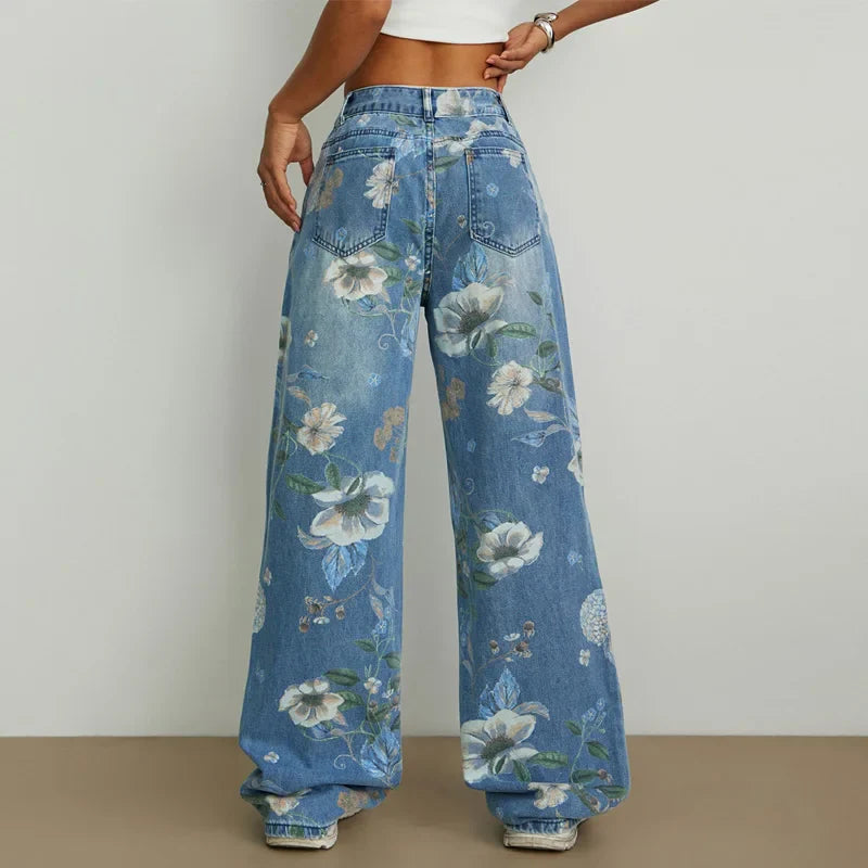 Vintage-Jeans mit Blumenmuster, mittelhohem Bund, lockerem, geradem Bein