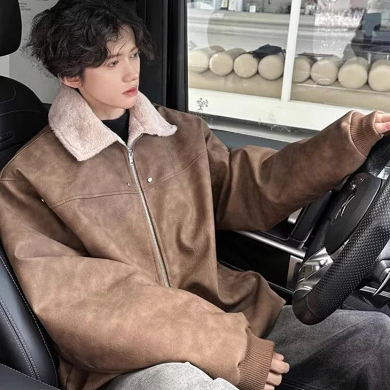 Verdickte Motorradjacke aus Fleece, Leder und Pelz