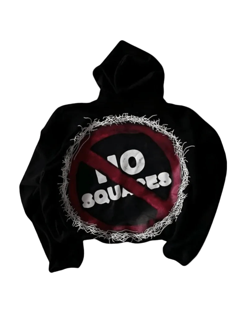 Black hoodie with 'No Squares' graphic on a gray background