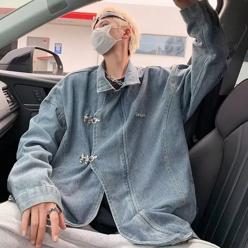 Veste en jean streetwear vintage délavée à fermetures éclair