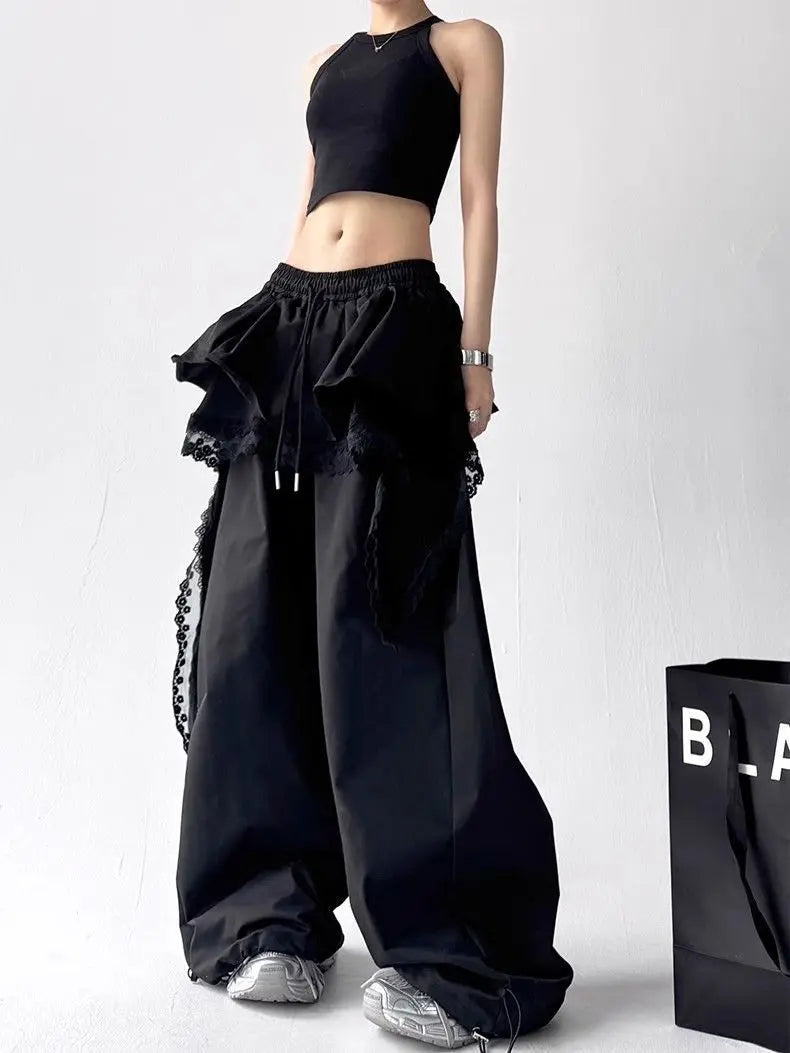 Contrasting Color Patchwork Lace Wide Pants