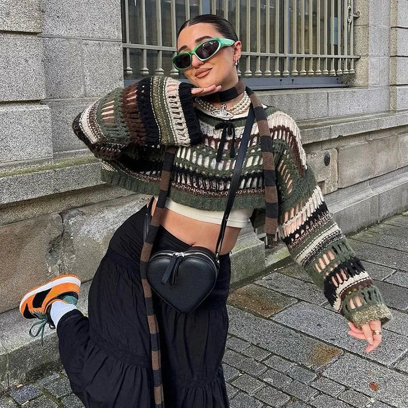Pull en maille ajourée à rayures vertes