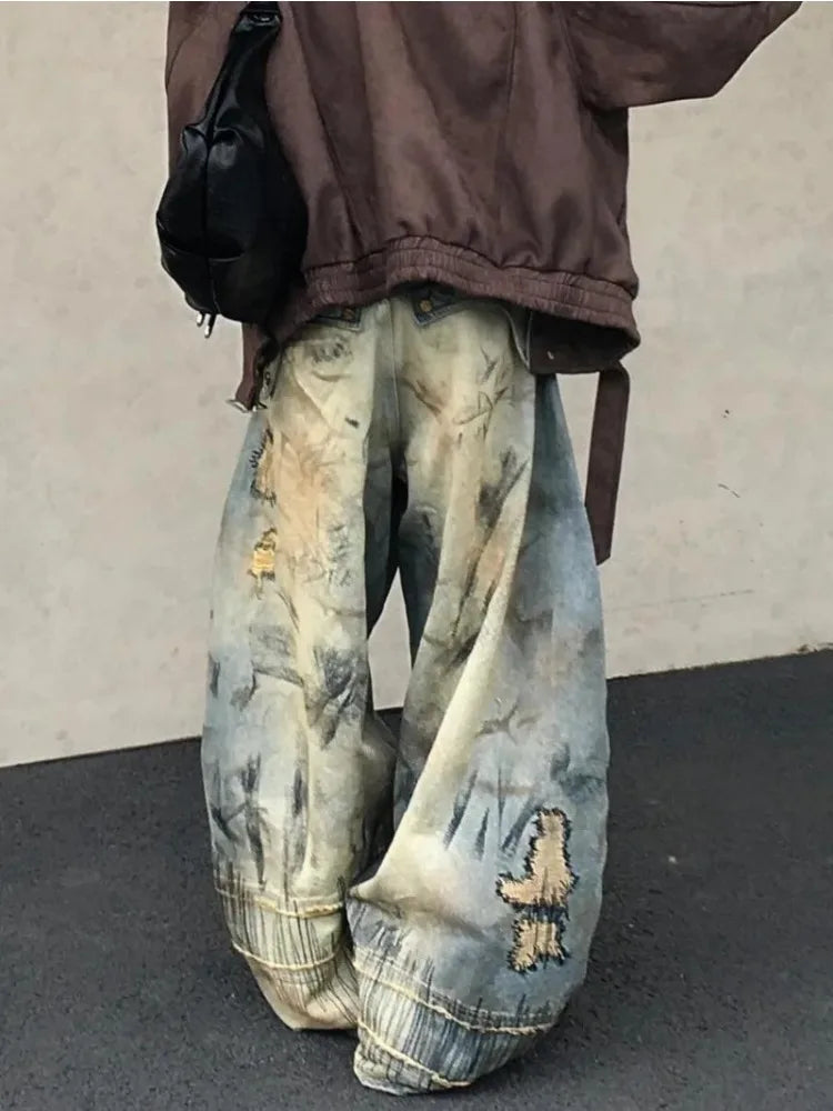 Übergroße Jeans im amerikanischen Stil mit Stickerei