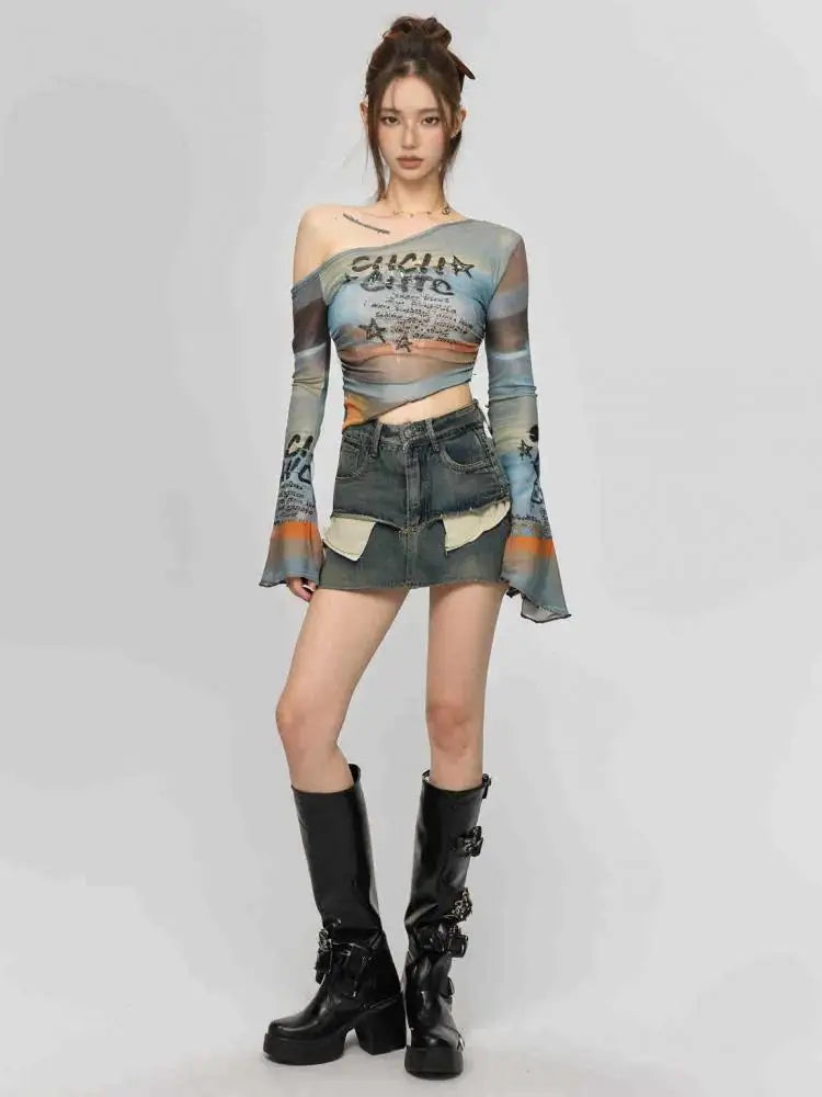Gothic-Mesh-Langarmshirt für Damen