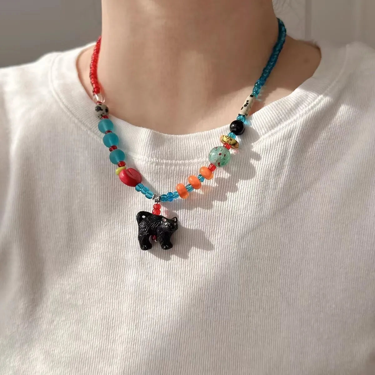 Colorful Delicate Cute Bear Pendant Choker Necklace