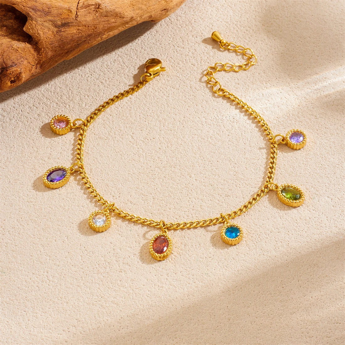 Bracelet ovale en acier inoxydable orné de strass colorés
