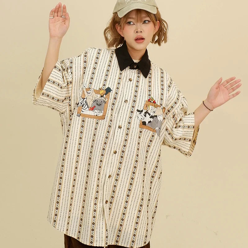 Chemise vintage à motif de broderie de dessin animé