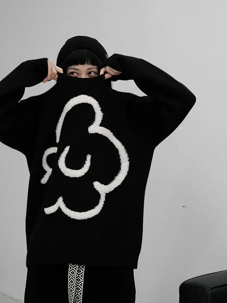 Women Vintage Black Floral Knitted Pullover Sweater
