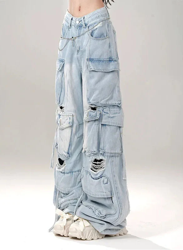 Atmungsaktive Oversized-Cargo-Jeans im Y2K-90er-Jahre-Stil mit Rissen