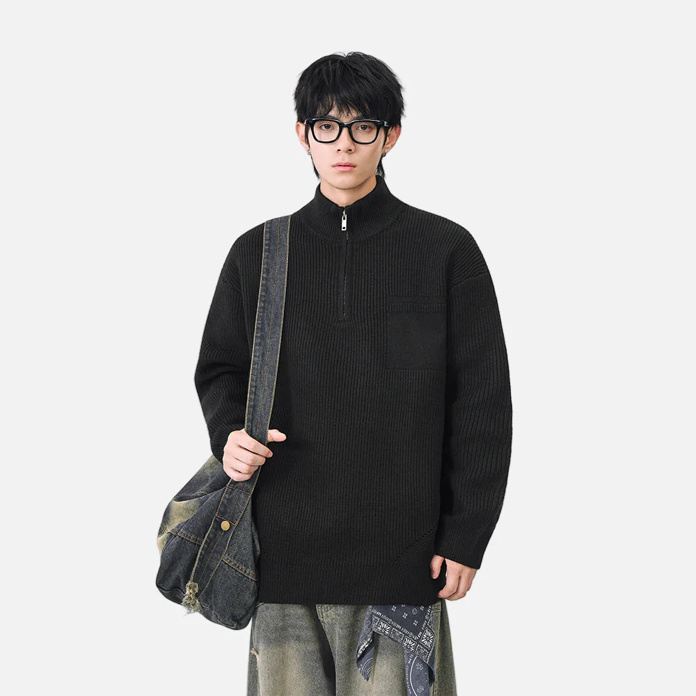 Pull à col montant et demi-zip en maille côtelée douce