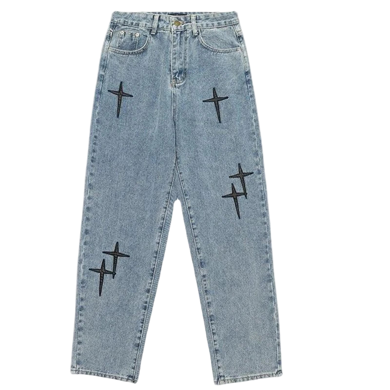 Vintage Star Print Denim Pants