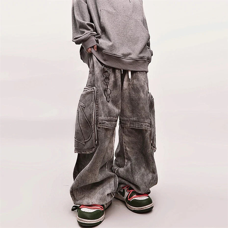 Streetwear Washed Baggy Punk Denim Cargo Jeans