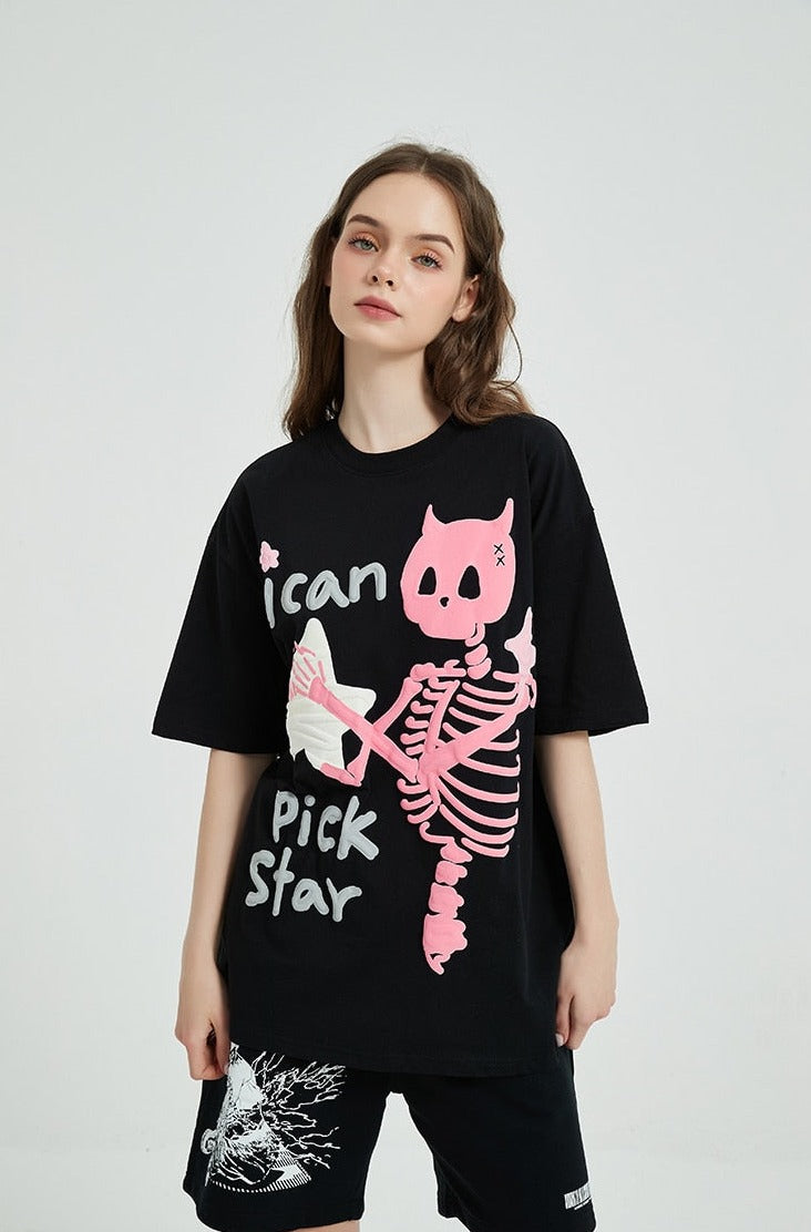 T-shirt "Je peux choisir une étoile" avec tête de mort et cornes de diable