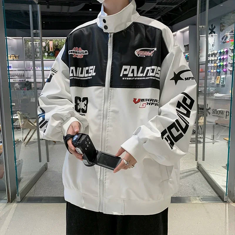 Veste de course oversize en cuir brodée avec motif graphique