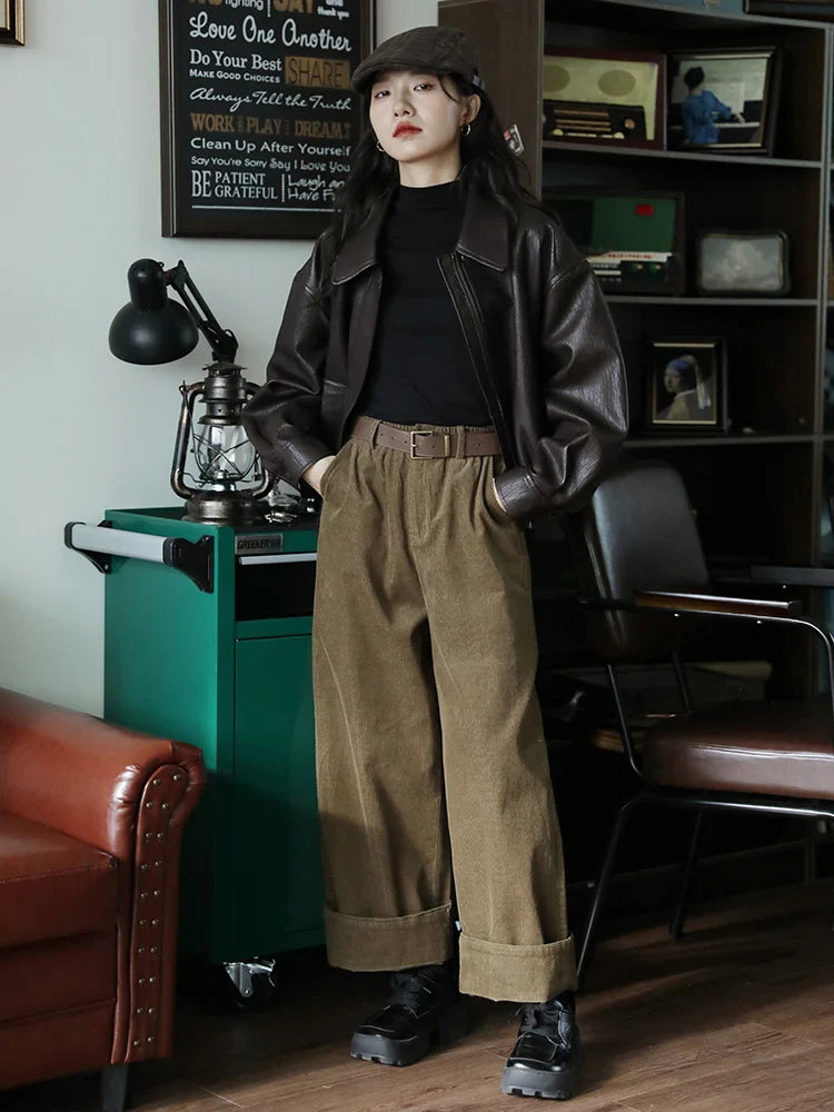 Veste courte classique en cuir PU marron élégant