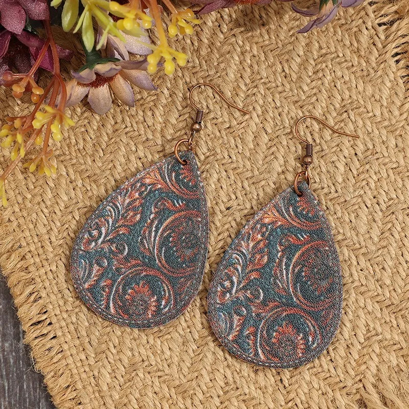Retro Tan Leather Carved Dangle Earring