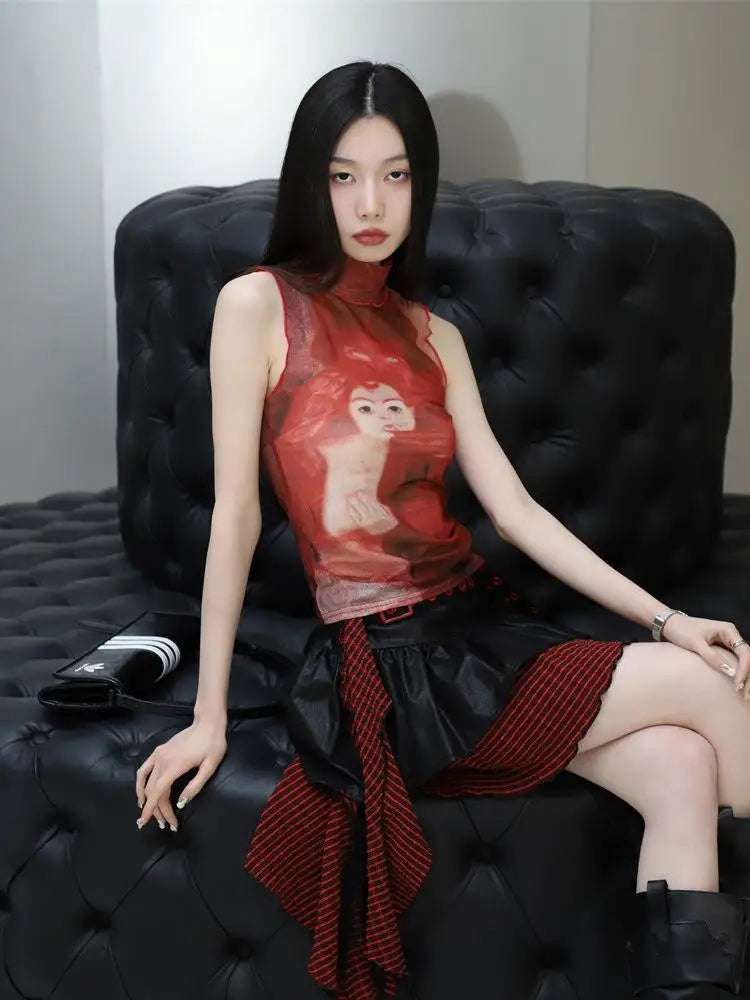 Tanktop mit auffälligem rotem Mesh-Print